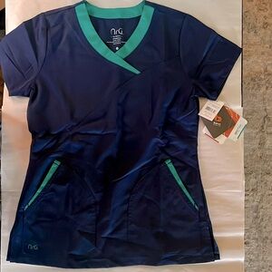 WOMENS SCRUBS NrG by Barco navy scrubs with teal trim top